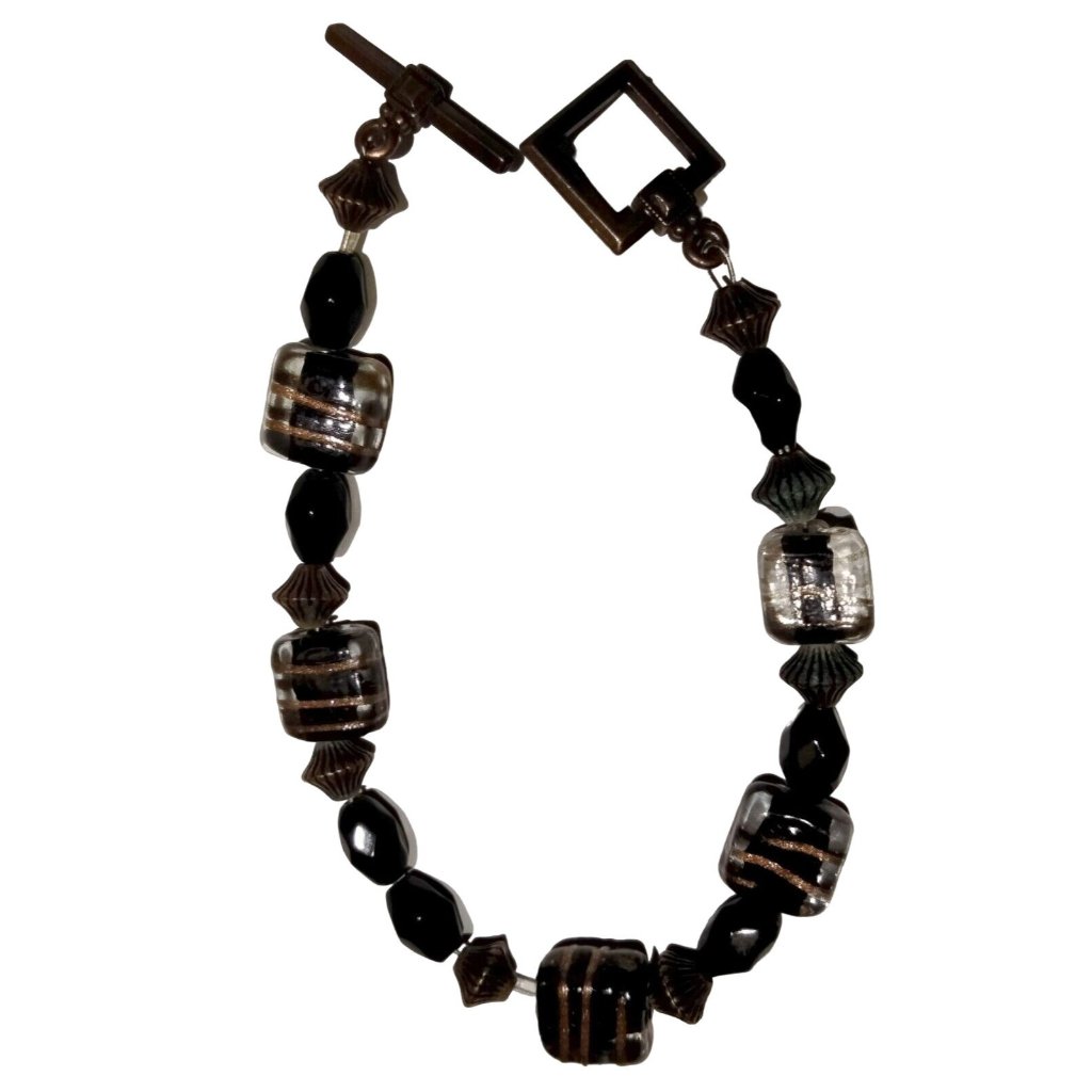 Art Glass Bead Bracelet Vintage Artisan Black Gold Iridescent Goth 7 Inch Addams
